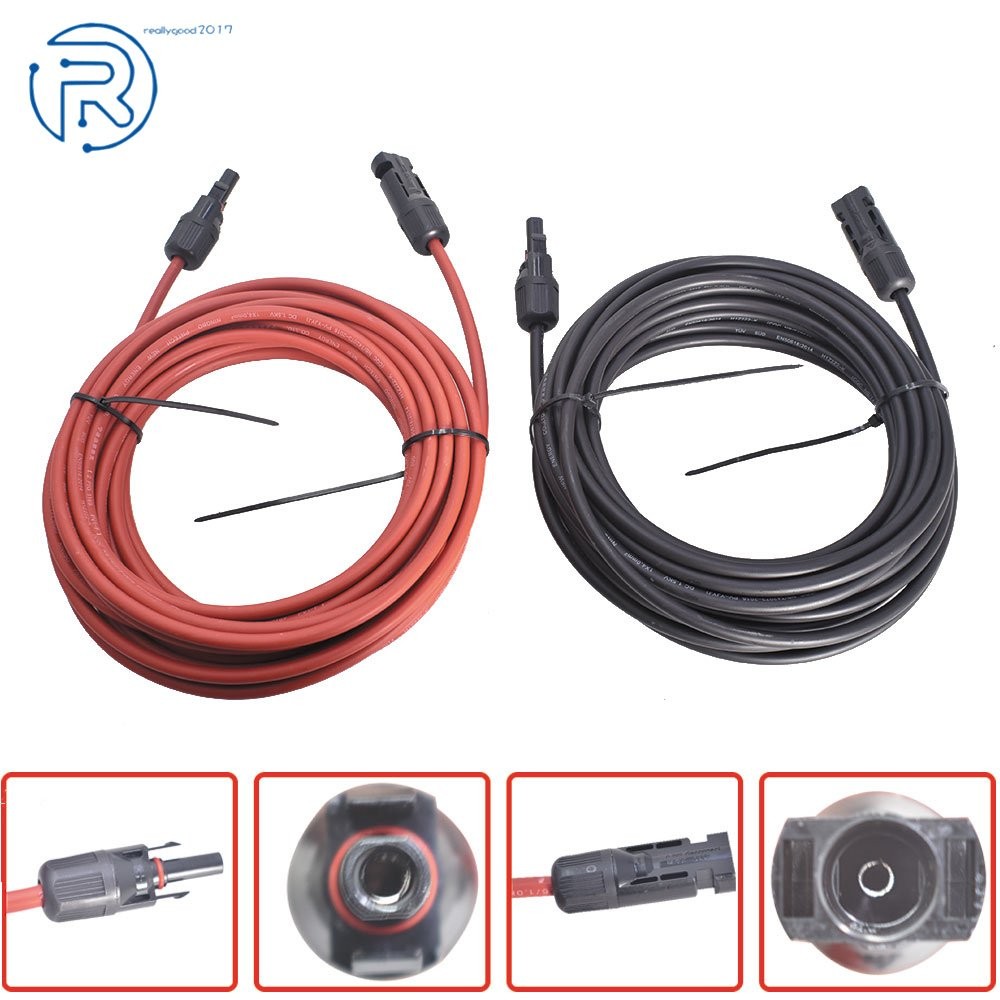 1 Pair 12AWG 20 Feet Black + Red Solar Panel Extension Cable Wire Connector