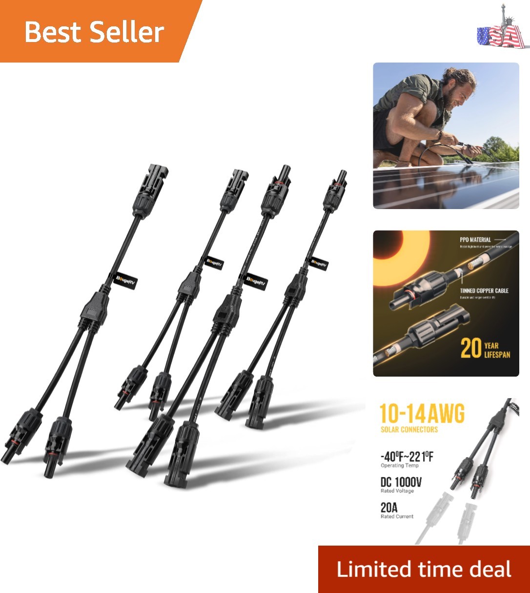2 Pairs Solar Connectors Y Branch Parallel Adapter Cable Wire Plug Tool Kit f…