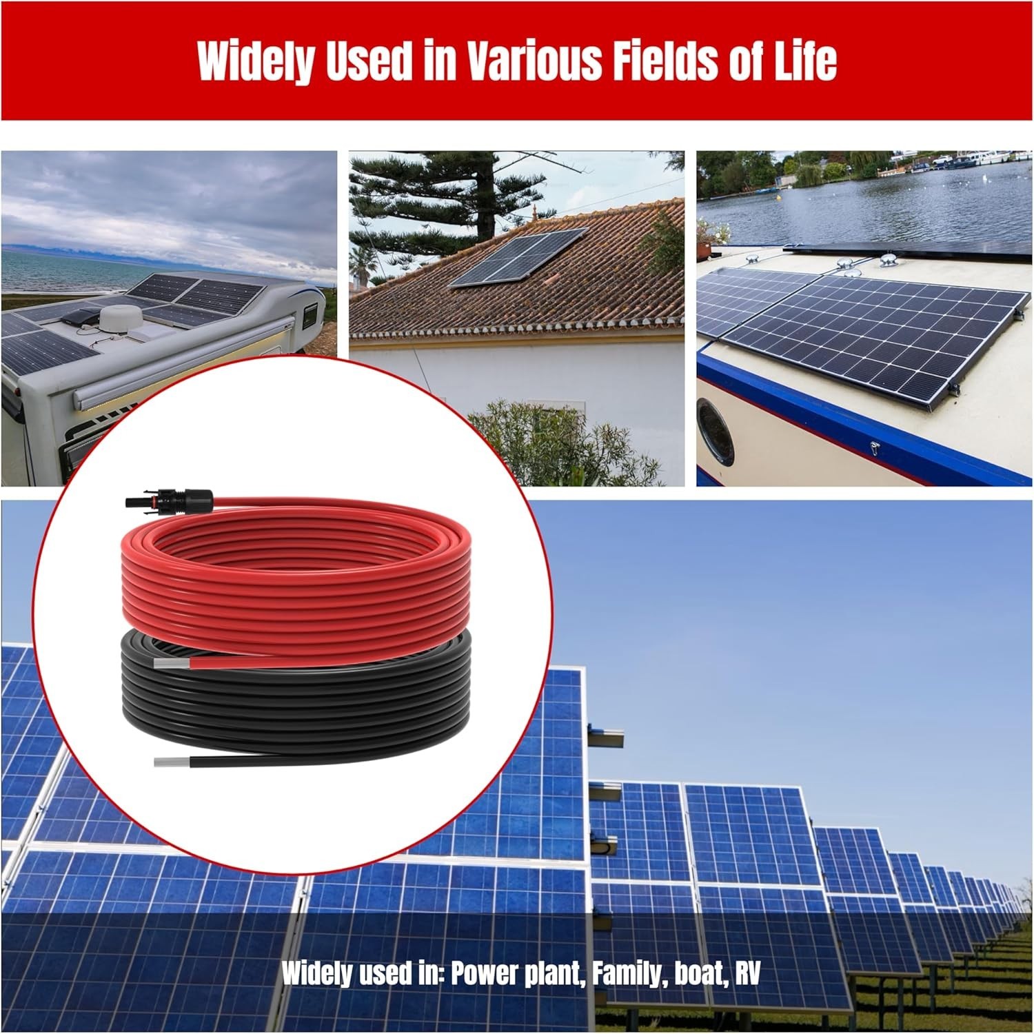 Solar Panel Extension Cable – 10AWG 40FT Solar Wire Cord 10 Gauge PV Wire