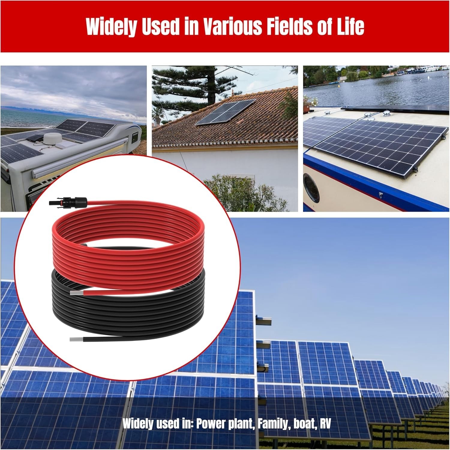 30Ft 10AWG Solar Panel Extension Cable for RV,Boat with Waterproof Connectors