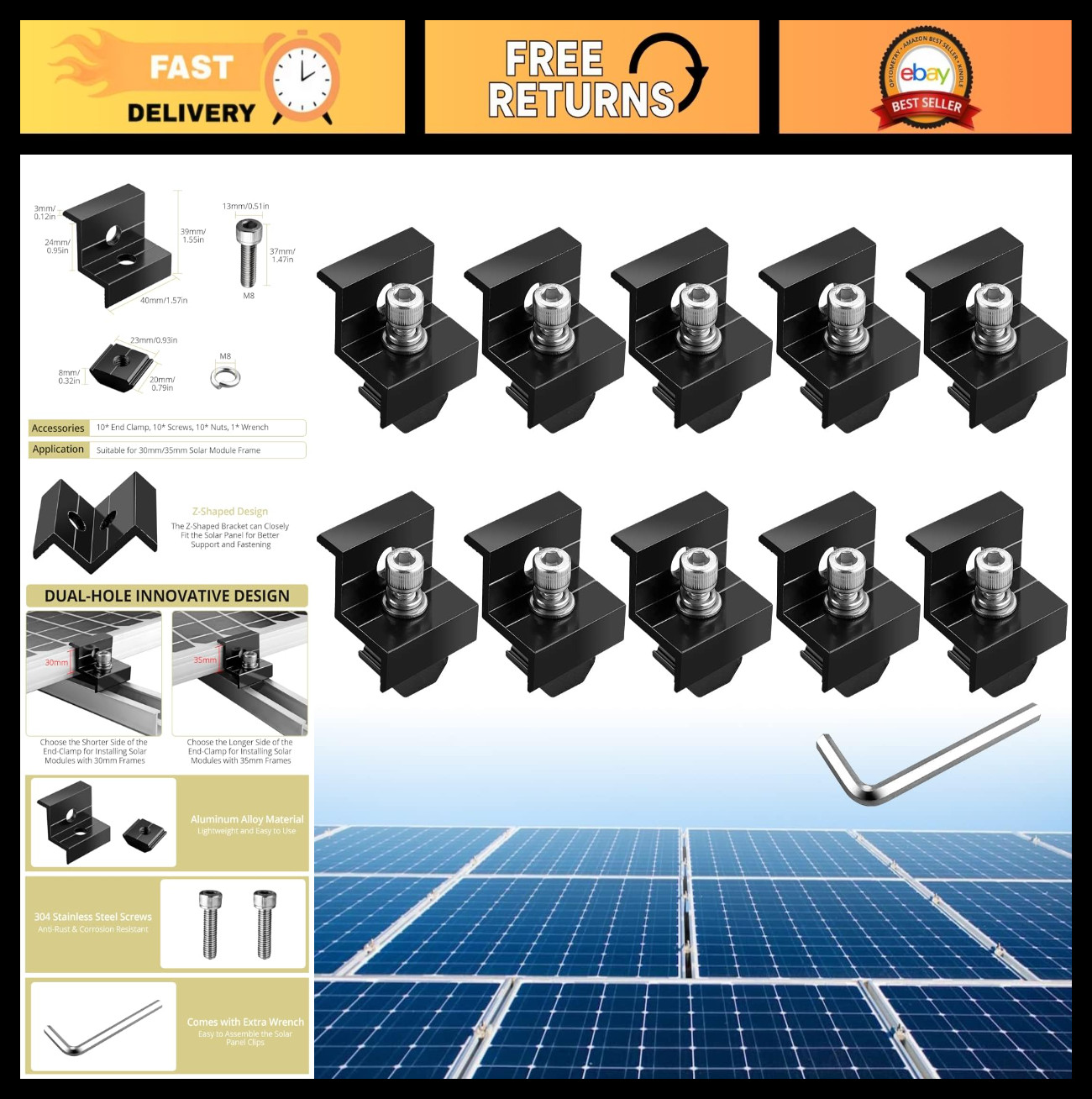 10pcs Solar Panel End Clamp Z Brackets Kit 30mm/35mm Aluminum Mounting Hardware