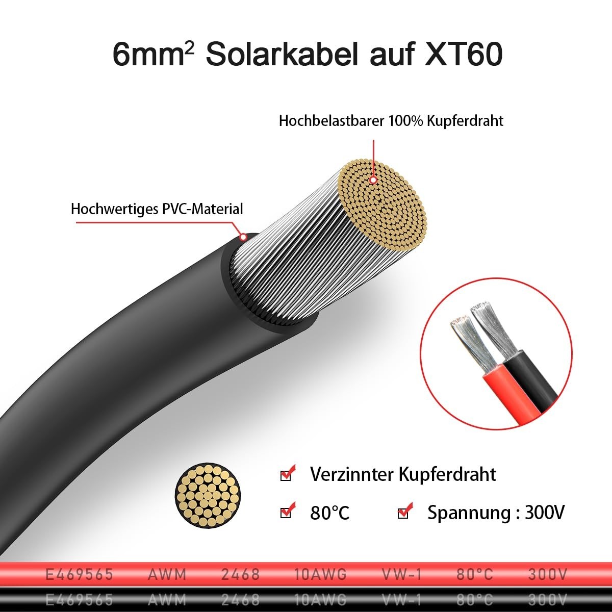 High-Quality 2FT XT60 Solar Cable with 10AWG Tinned Copper for Power Stations