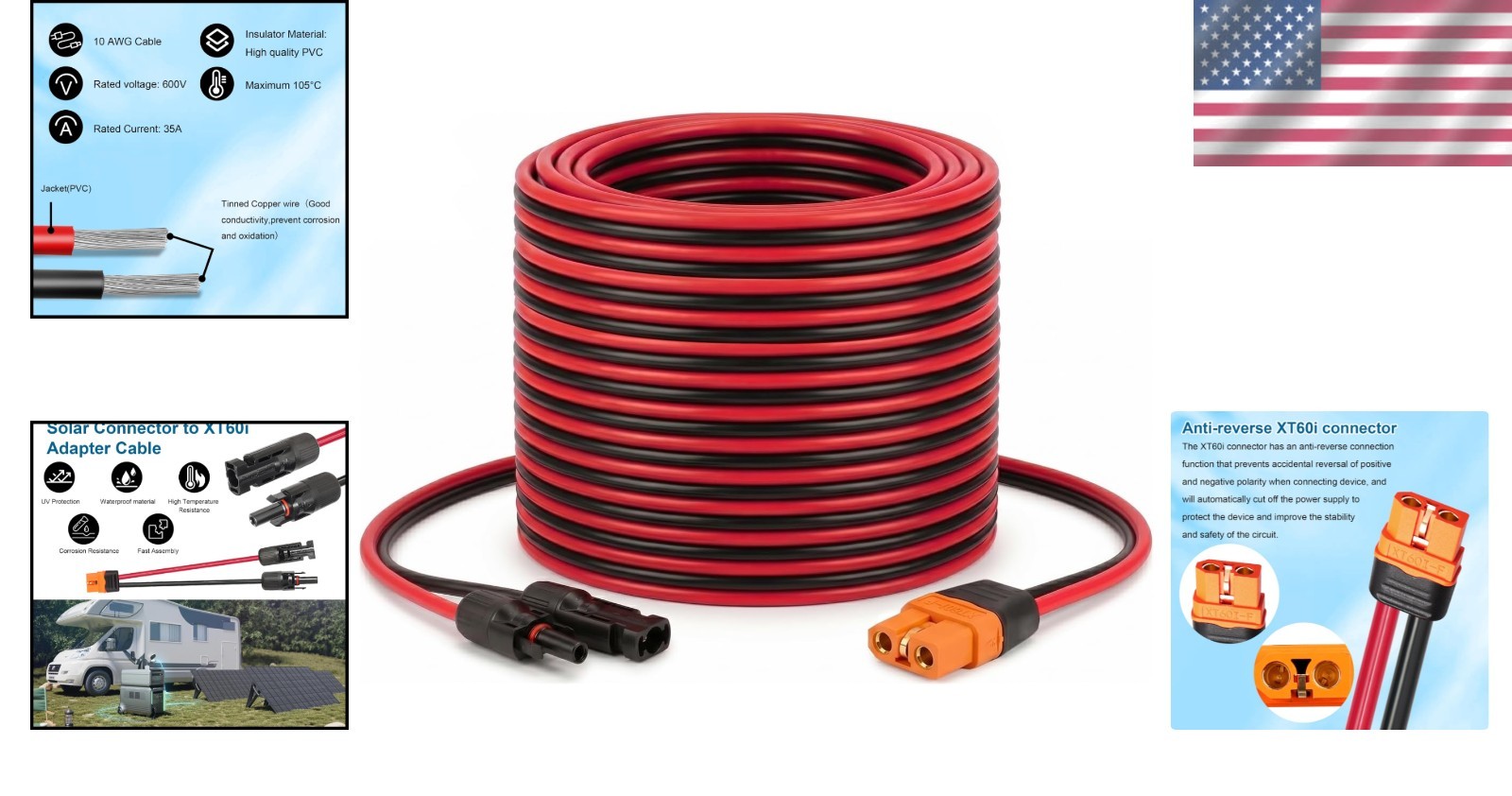 Solar to XT60i Cable 10AWG 30FT for Solar Panel to Portable Power Station Gen…