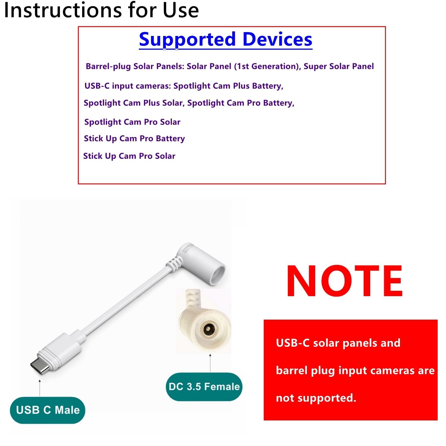 USB-C Adapter White Barrel Plug for 1st Gen, Super Solar Panel, Spotlight Cam