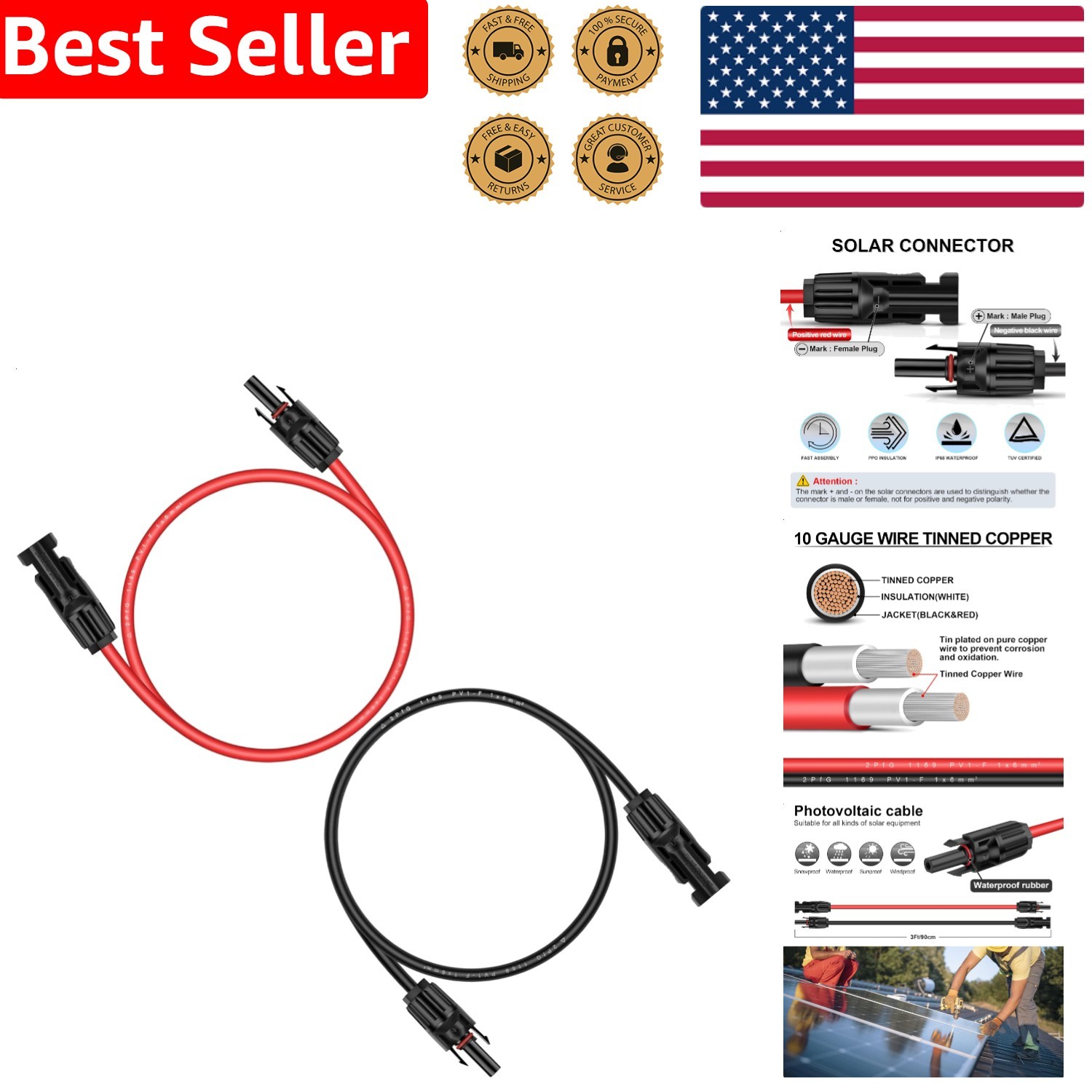 Solar Cable 3 Feet 10AWG Heavy Duty Copper Wire MC4 Pair UV Protected System Use
