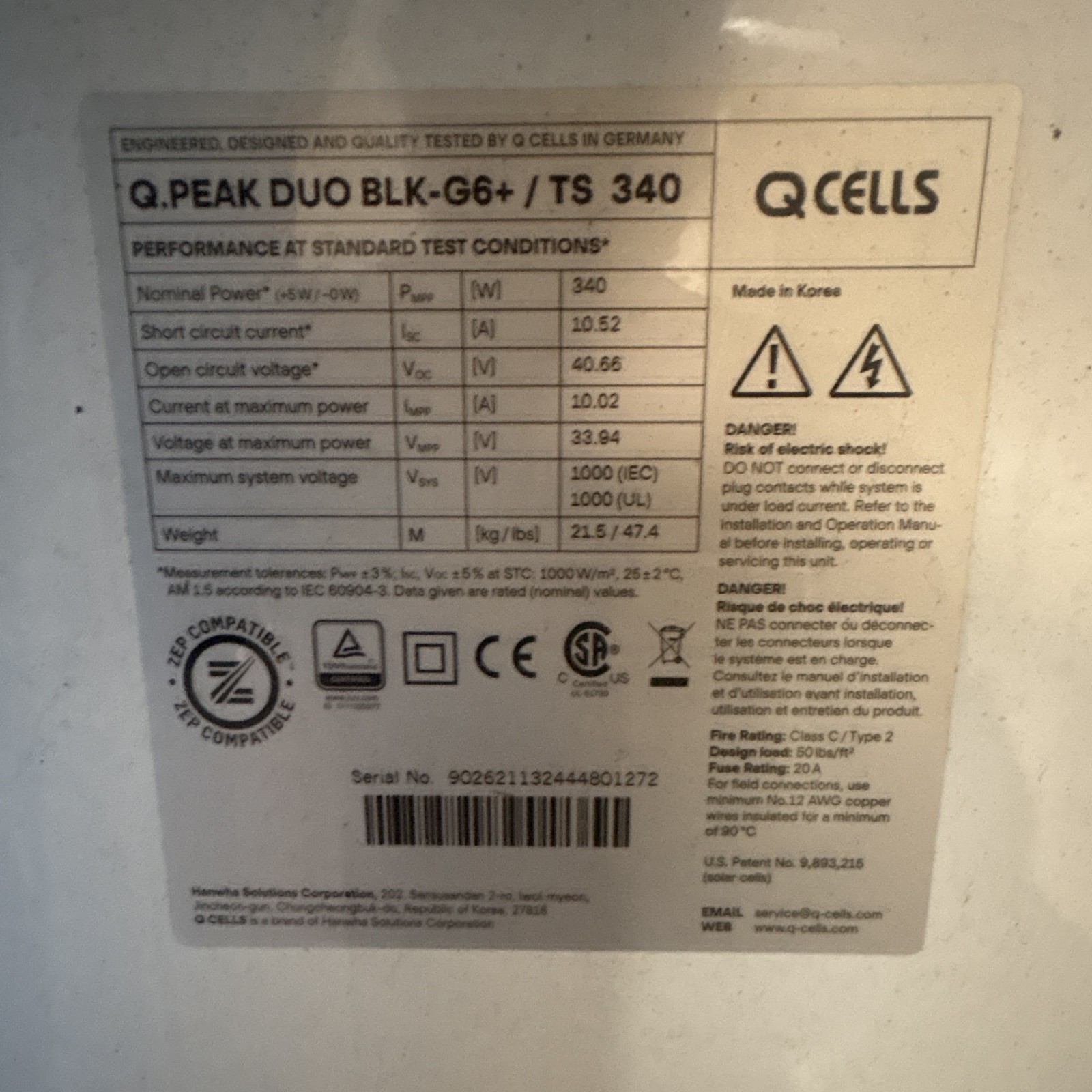 Q CELLS Q.PEAK DUO BLK-G6+ / TS 340 340W Mono Solar Panel Black ZEP