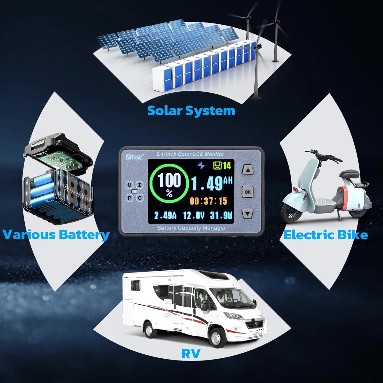 DROK Coulometer, DC 8-100V 100A Battery Monitor 12V 24V 36V 48V 60V Volt Amp Wat