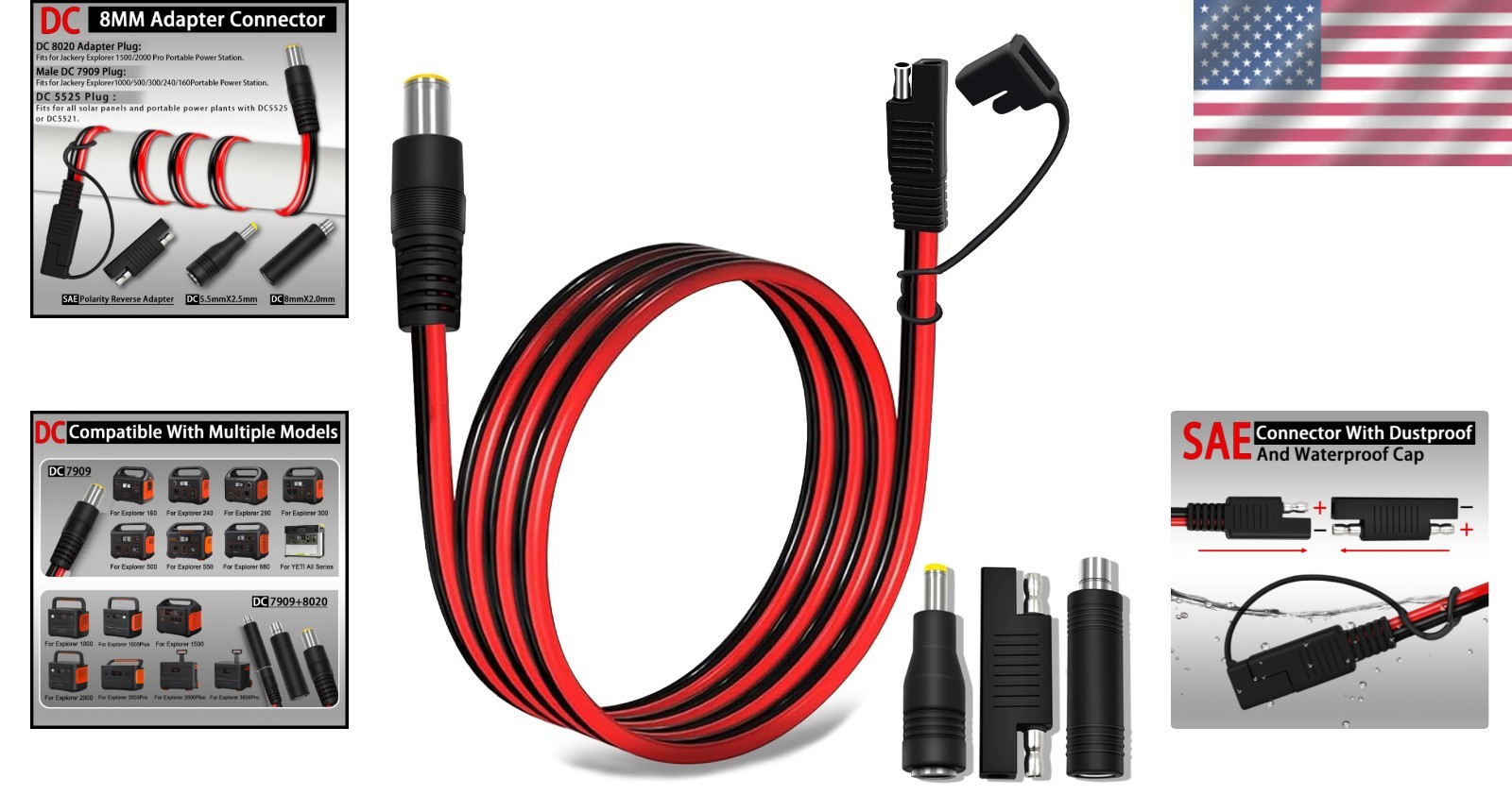 6FT Heavy Duty SAE to DC8mm Male Adapter for Jackery Solar Panels – Weatherproof