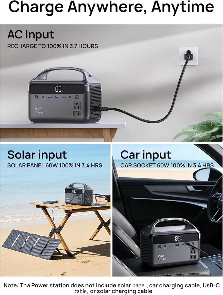 Portable Power Station 300W, 192Wh Lifepo4 Battery Solar Generator with Solar Pa