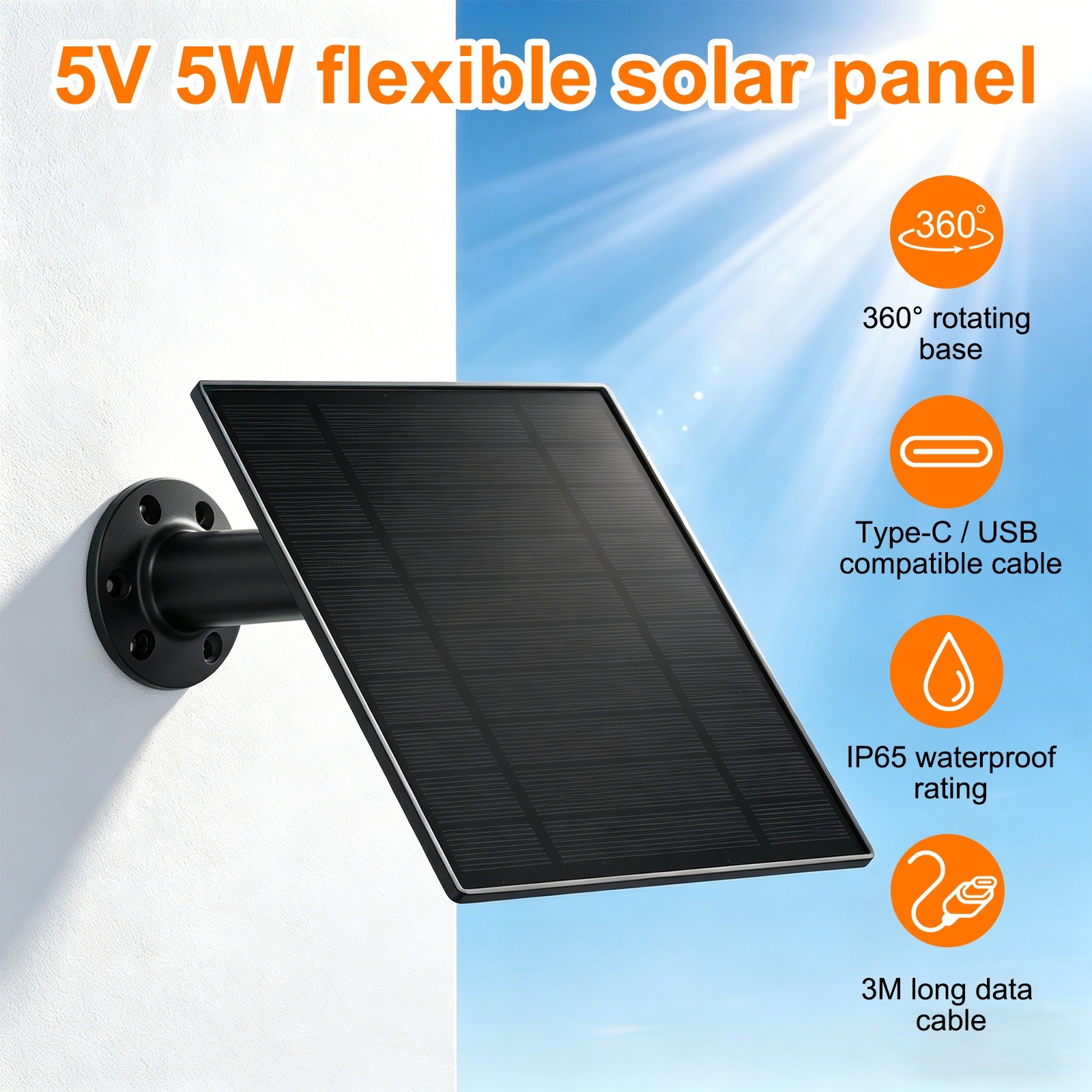 1 Pack of 5V 5W Solar Panel, Waterproof Dual Type-C/USB Solar Charger, Black