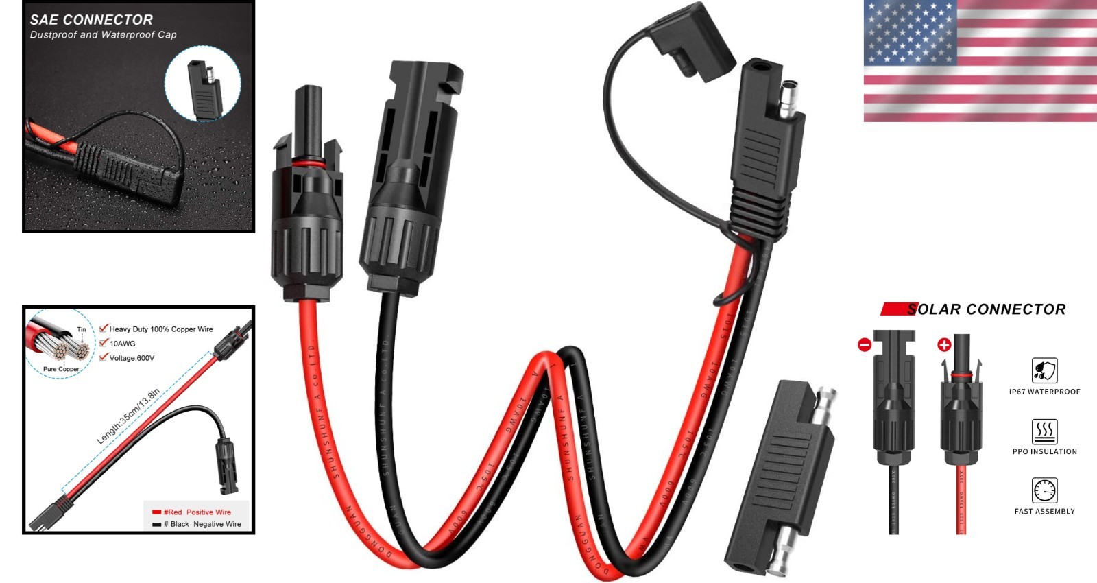 10AWG SAE Solar Connector Cable – Heavy-Duty Extension with Polarity Adapter