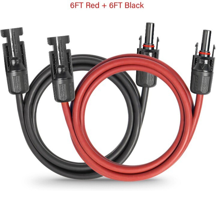 6Ft 12 AWG Solar Panel Extension Cable PV Wire Solar Connector Pair Black & Red