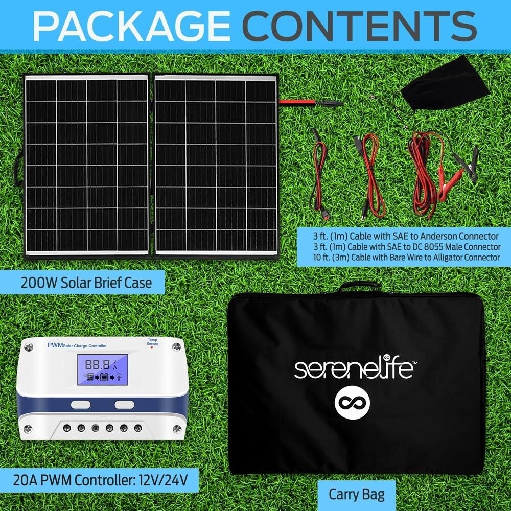SereneLife 1 Pc. Portable Mono Solar Panel Starter Kit-200W Off-Grid Solar Panel