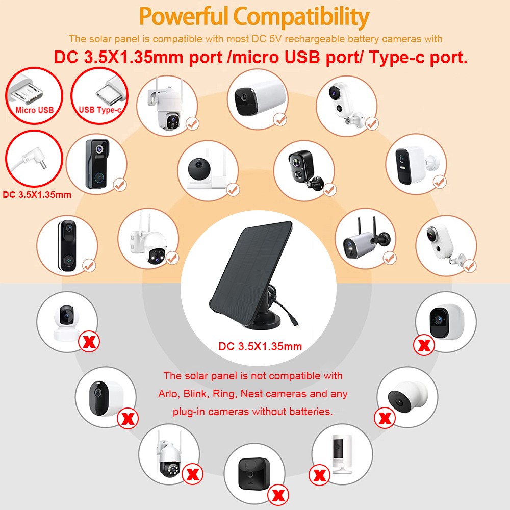 4W 5V Solar Panel Charger for Ring Video Doorbell 2/ 3/3+ /4 with 10ft Cable