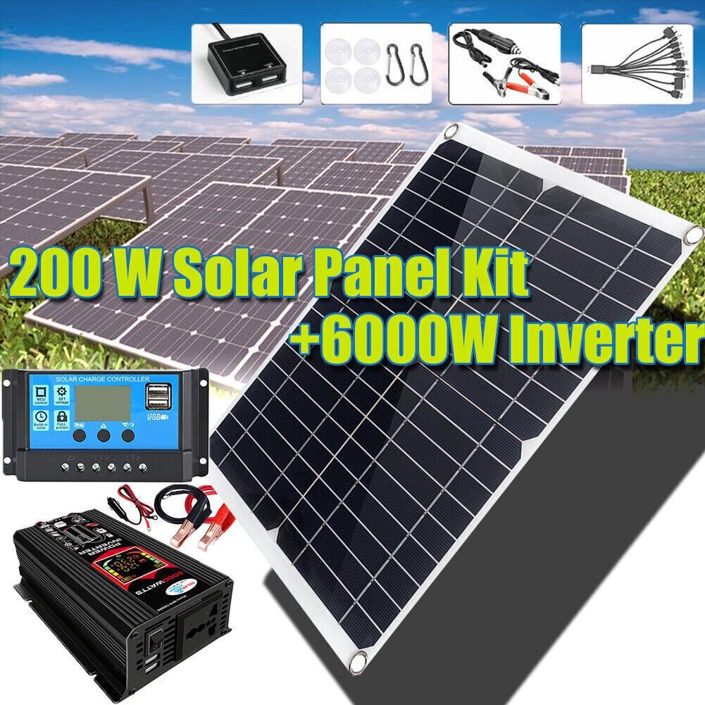 Full Complete 200W Solar Panel+6000W Power Generator 110V Home RV Off-Grid Set