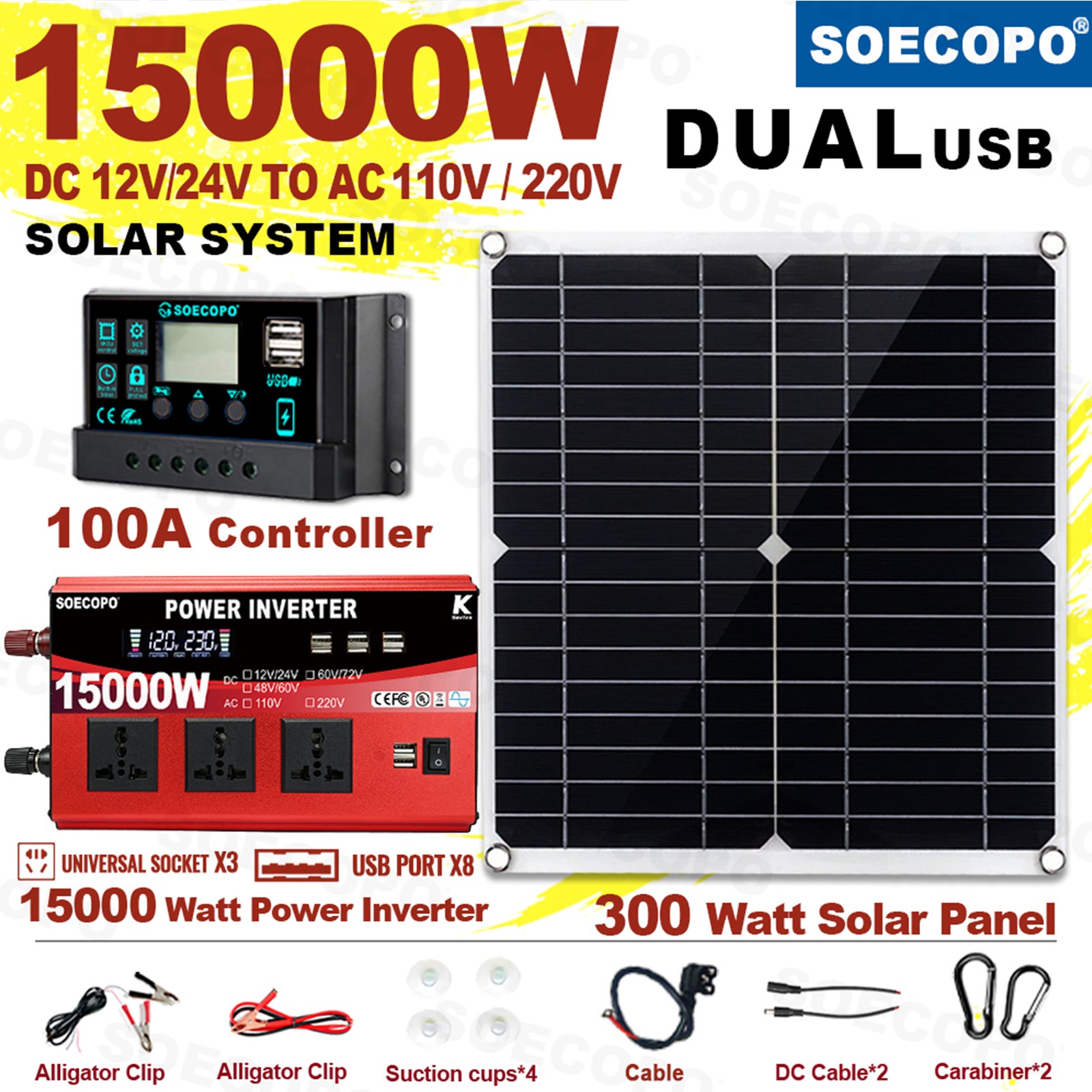SOECOPO 15000W Complete Solar Power Kit | 300W Panel + Controller + Inverter