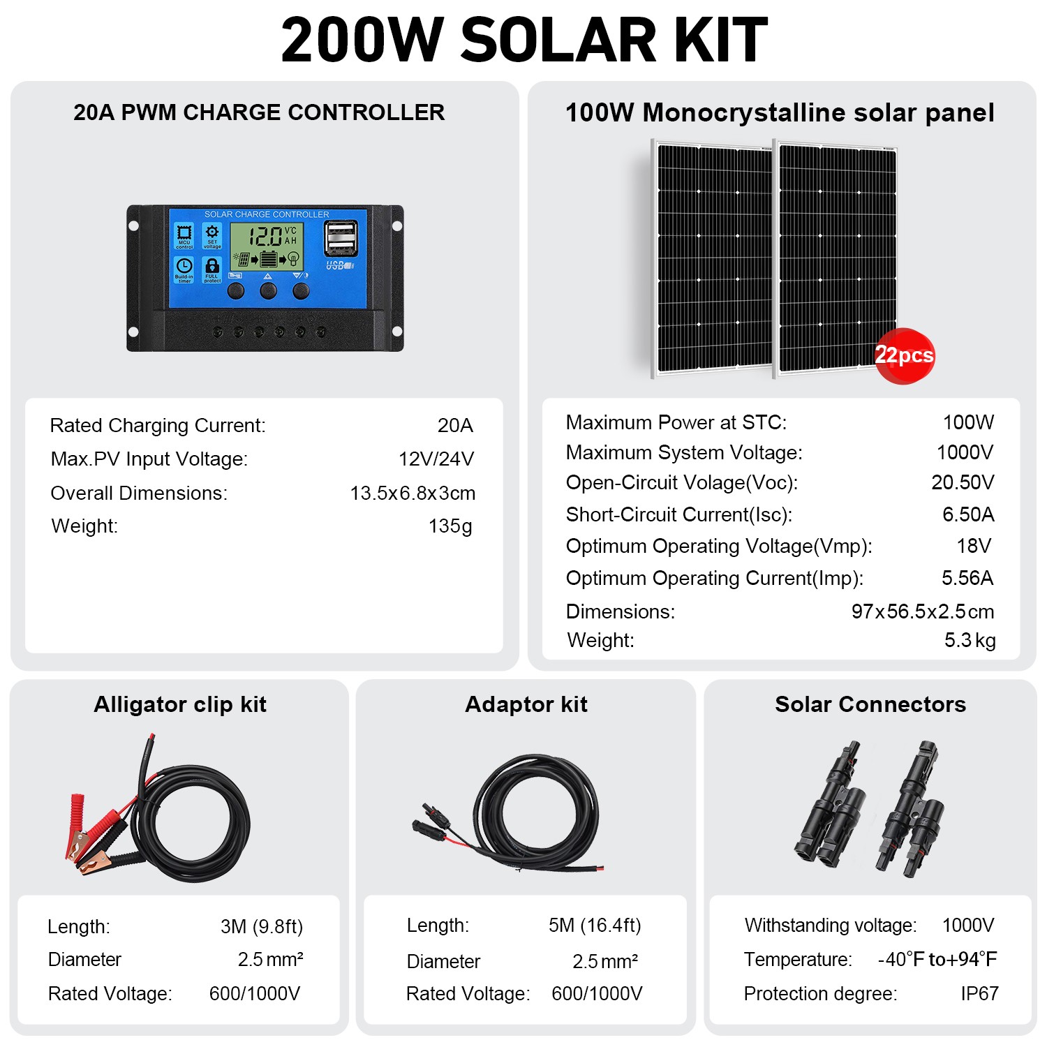 Dokio 2X100w 200w Rigid Monocrystalline Solar Panel Kit for Home/Caravan/RV/Boat