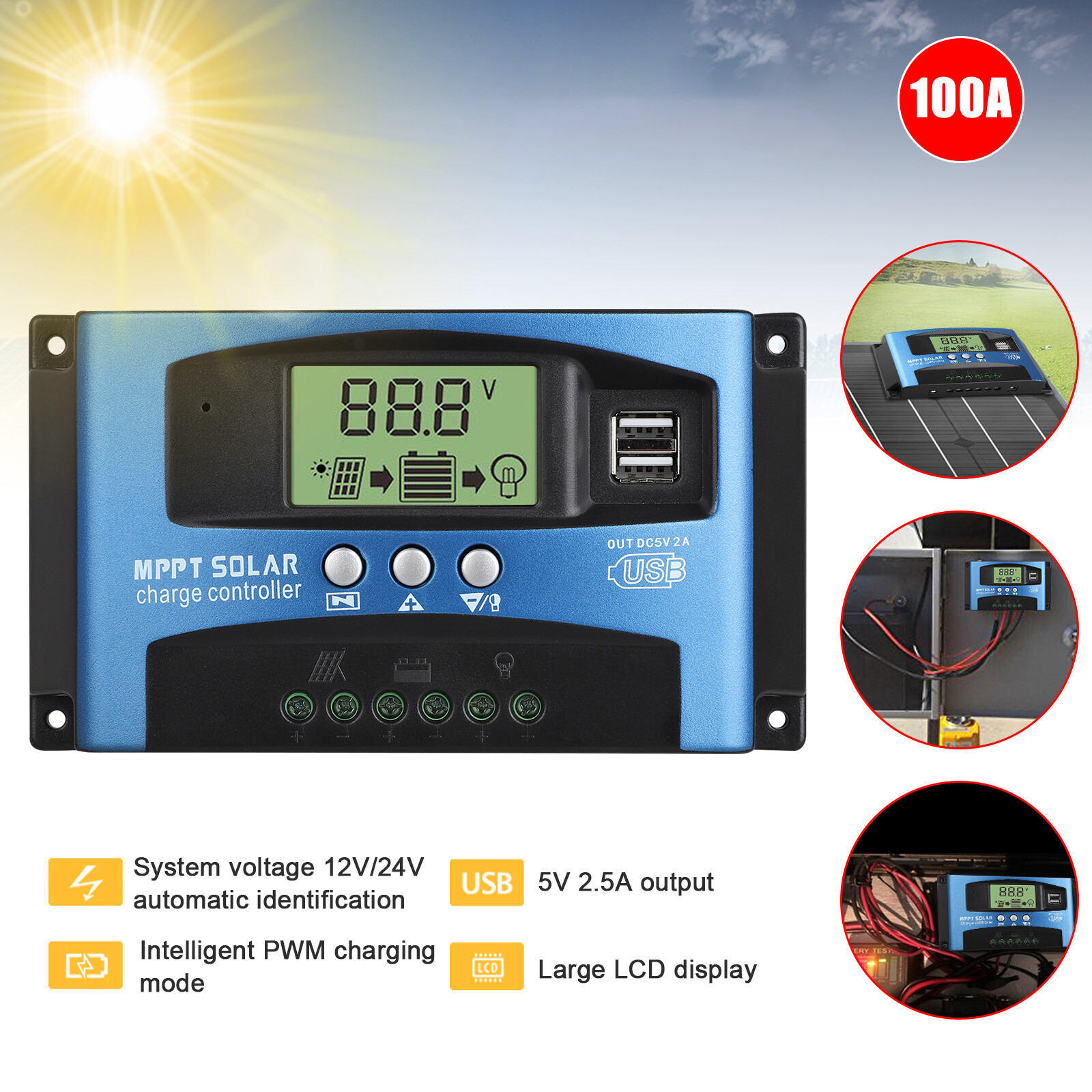 100A MPPT Solar Panel Regulator Charge Controller 12/24V Auto Focus Tracking LCD