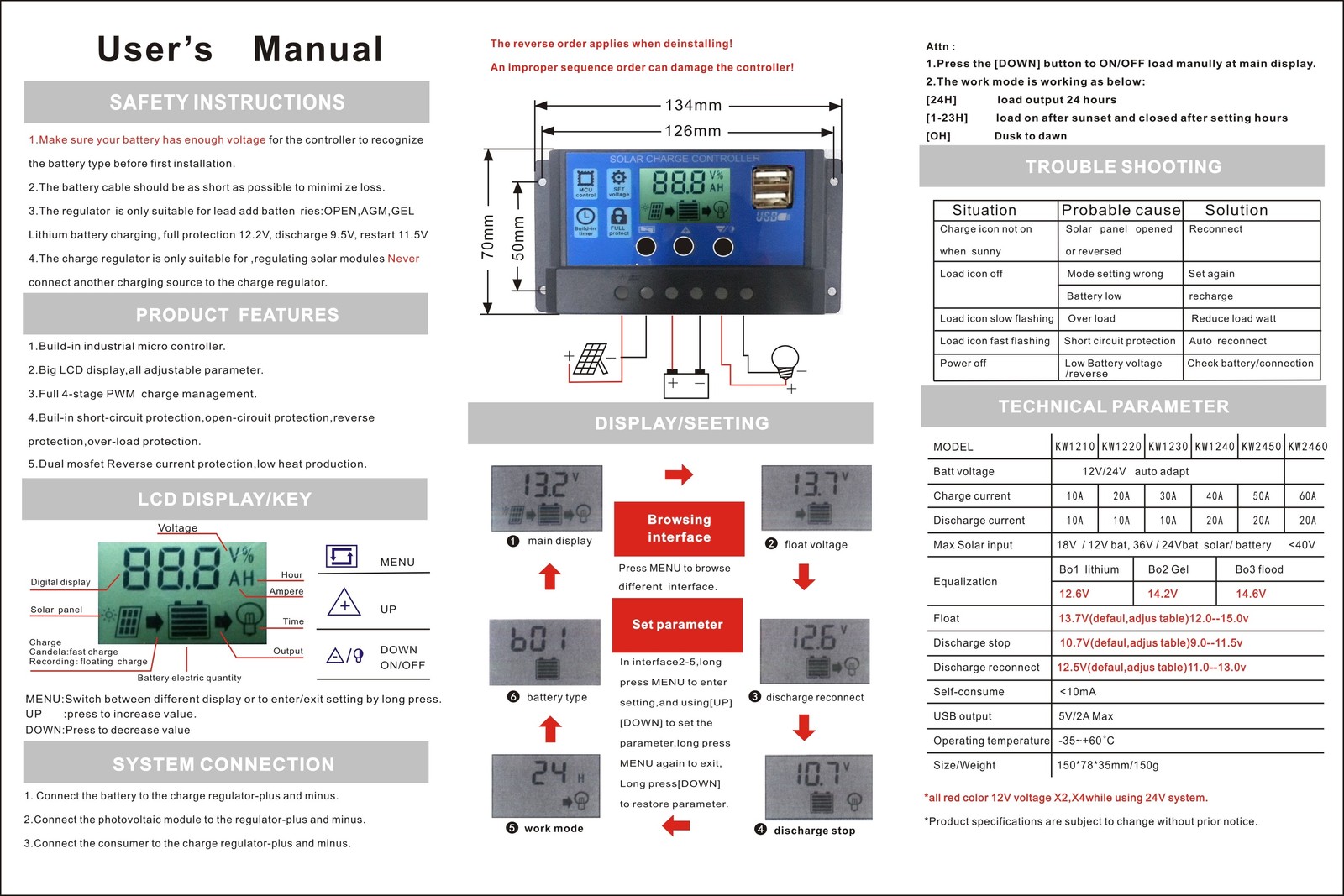 60A Solar Panel Battery Regulator Charge Controller PWM LCD Dual USB 12V24V