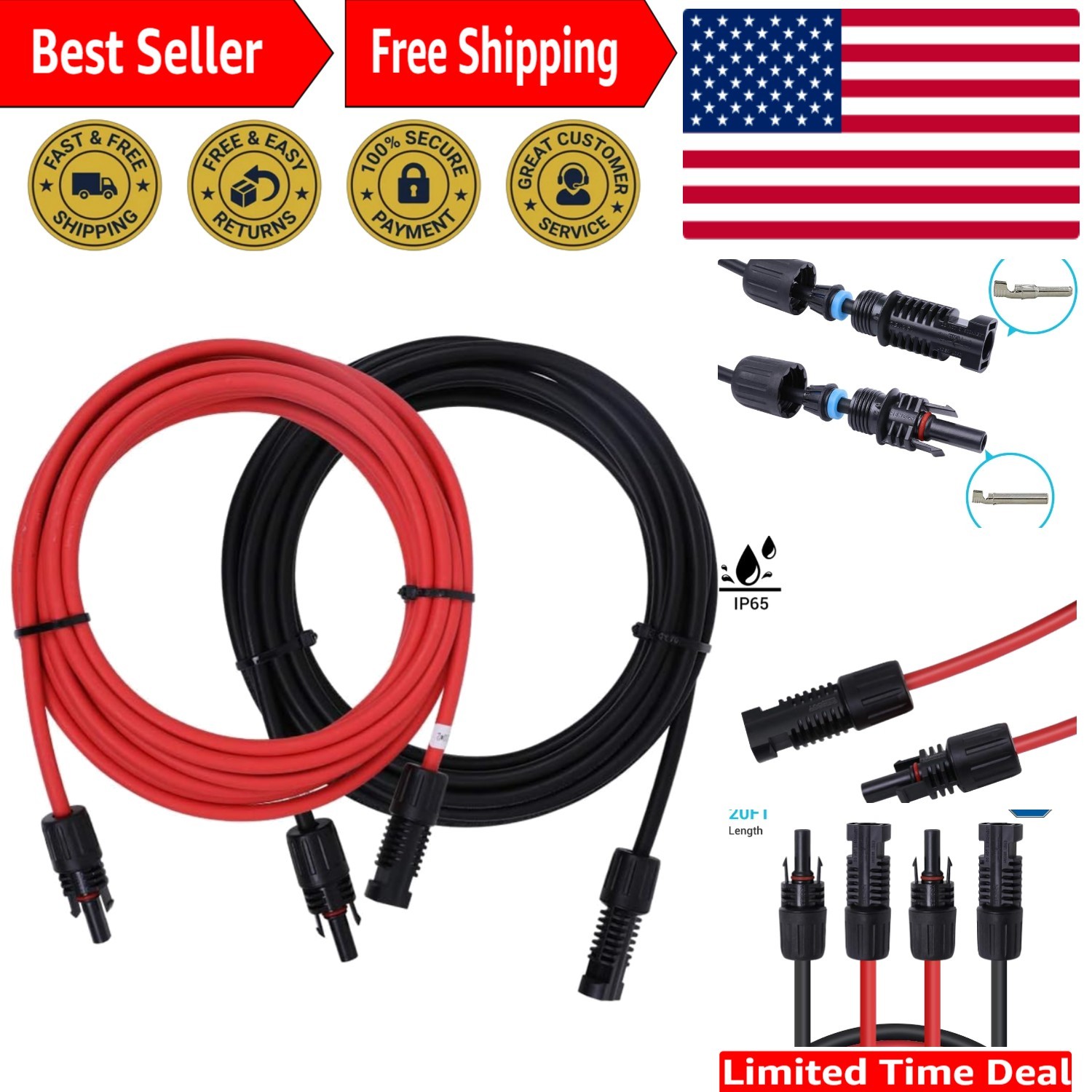 Solar Panel Extension Cable with Male and Female Connectors, 20Ft. 10AWG, 1 P…