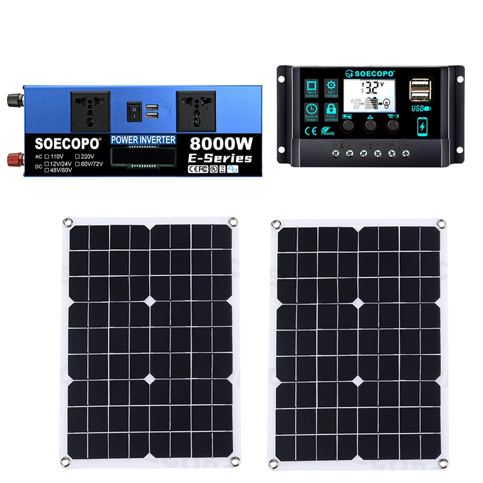 8000W Off-Grid Solar (12V/24V to 110V/220V) 2pcs Solar Panels,Charge Controller