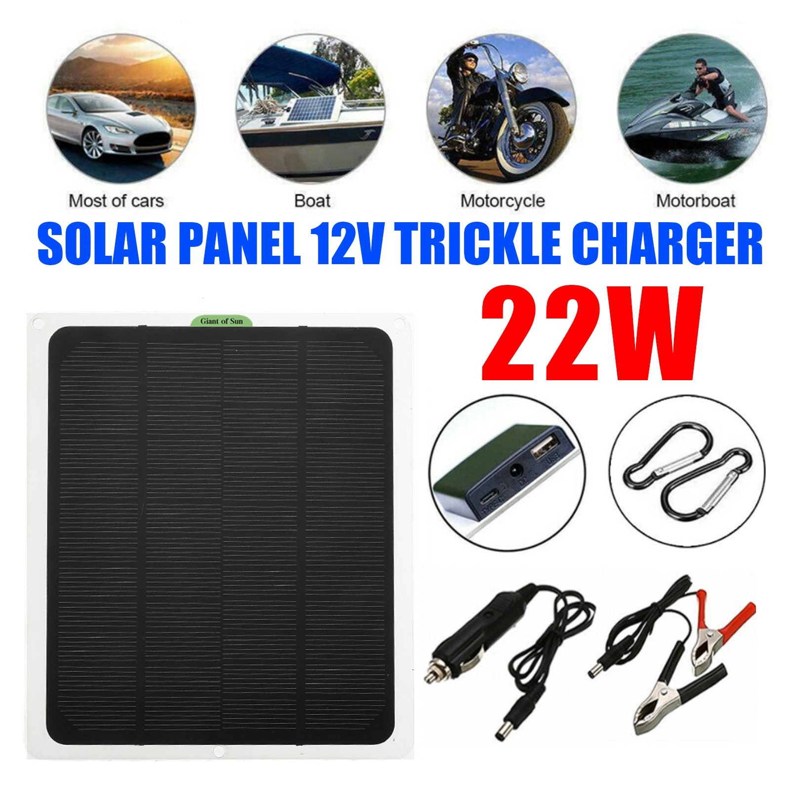 22W Solar Panel Trickle Charger Battery Charger Kit Maintainer Boat RV Car 12V