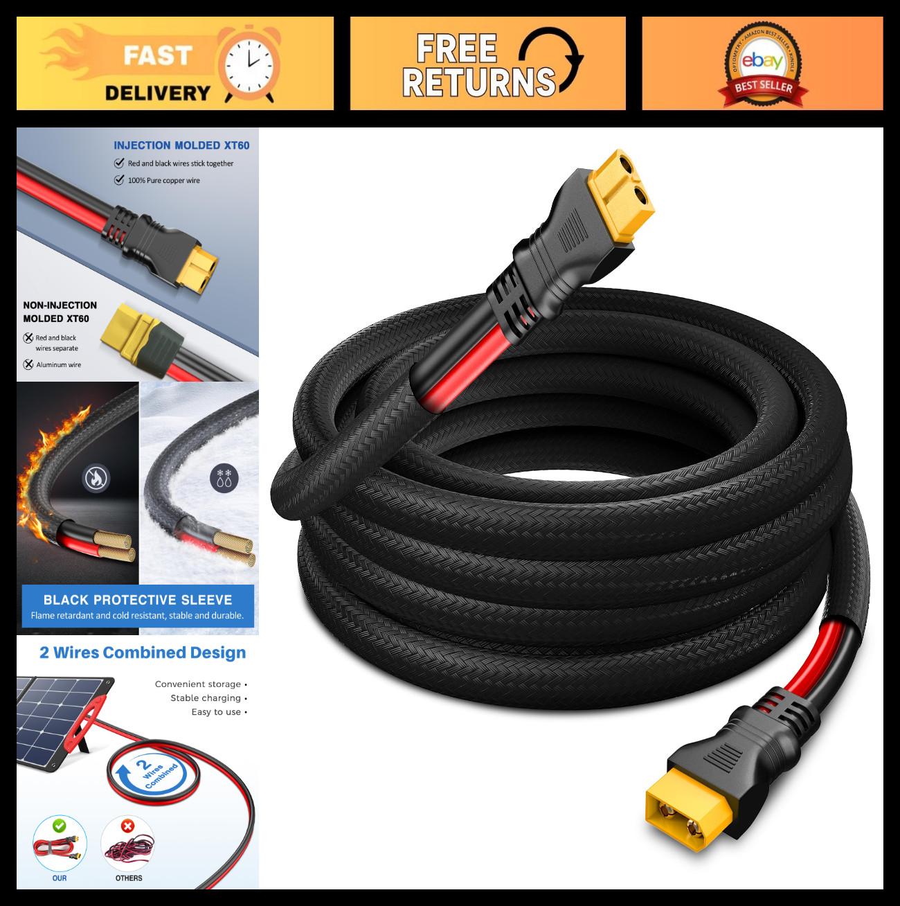 10FT XT60 Extension Cable 10AWG Male to Female Adapter, Flame Retardant Sleeve,