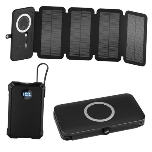 Solar Charger Power Bank 5000mAh with 4 Foldable Panels & 2 Built-in Cables,