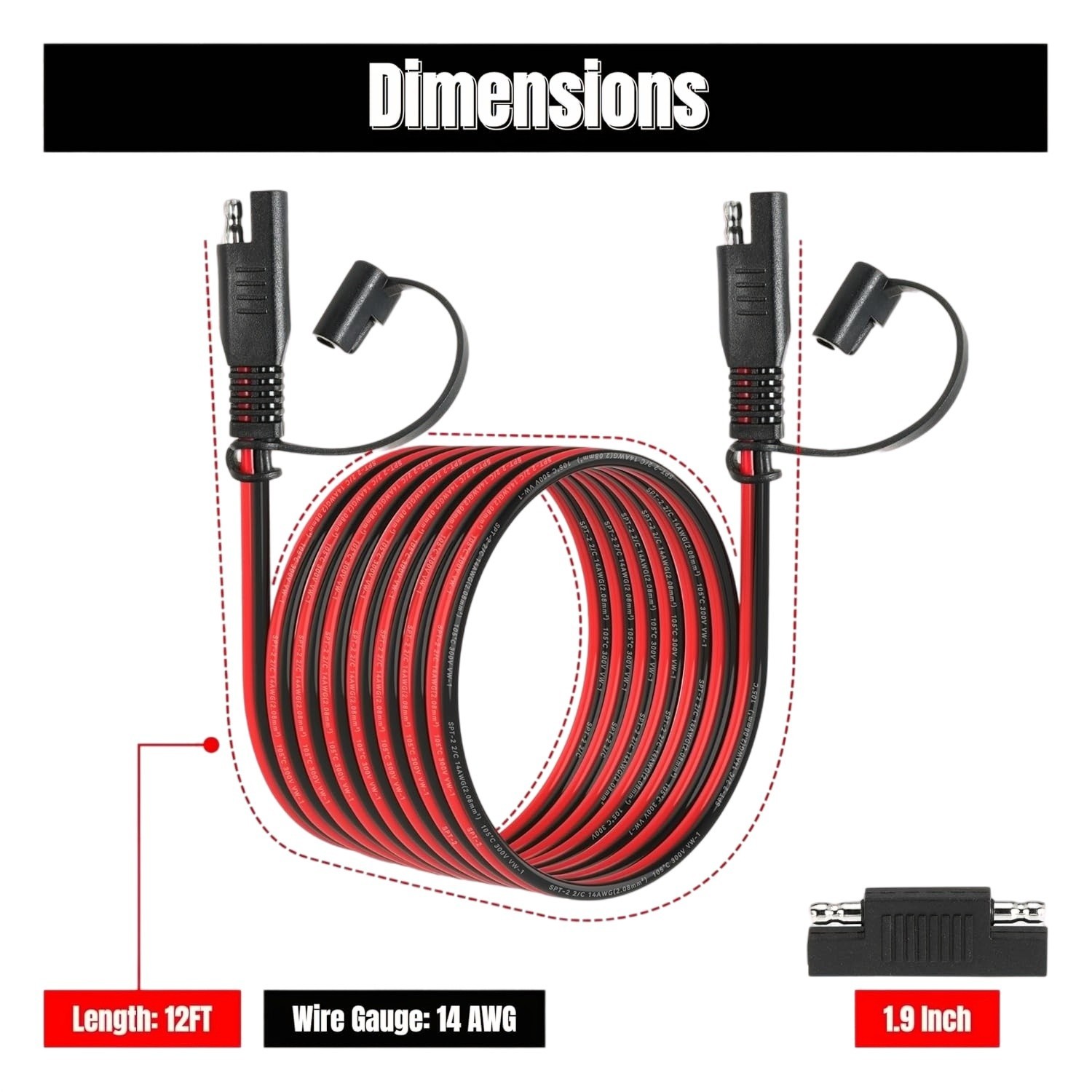 14AWG SAE Extension Cable 12FT for Solar Panel RV Battery Automotive and Marine