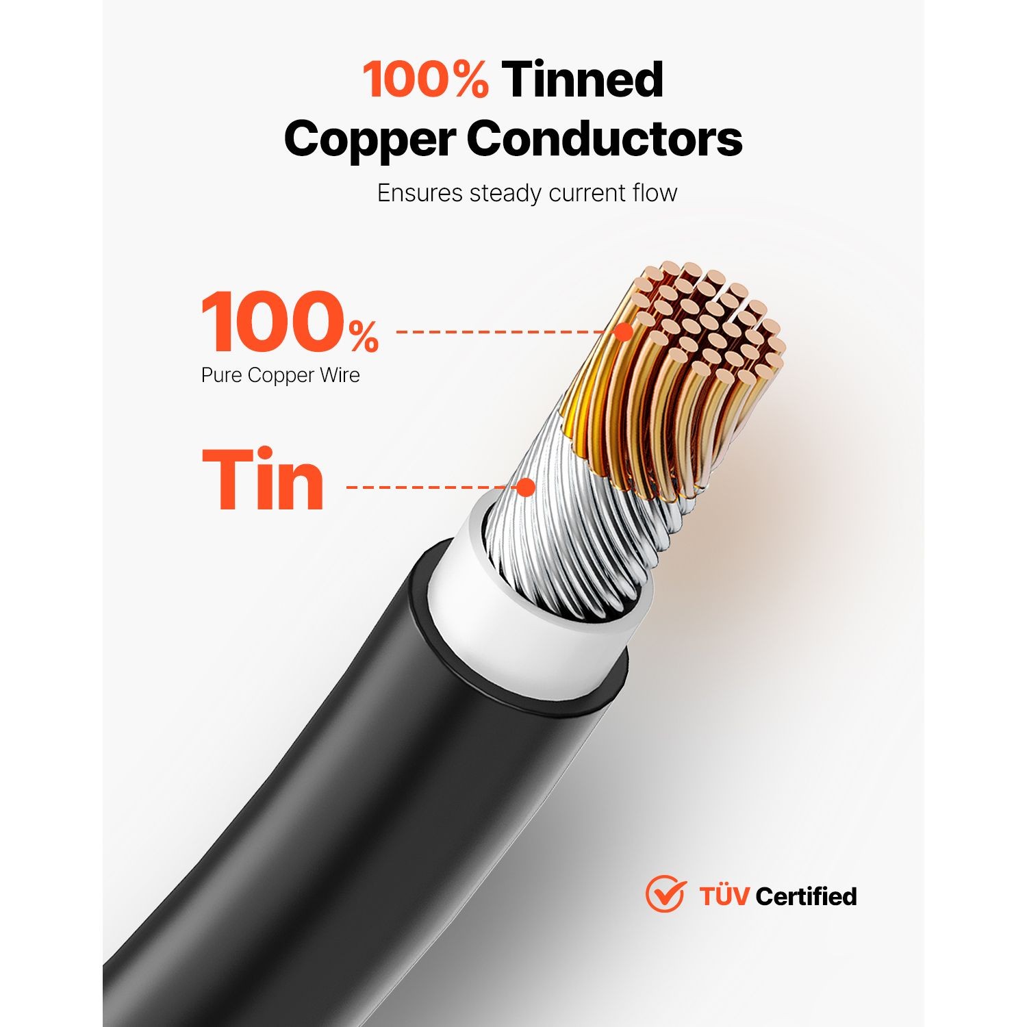 100ft 10AWG Solar Extension Cable, IP67 Waterproof, Tinned Copper, Black