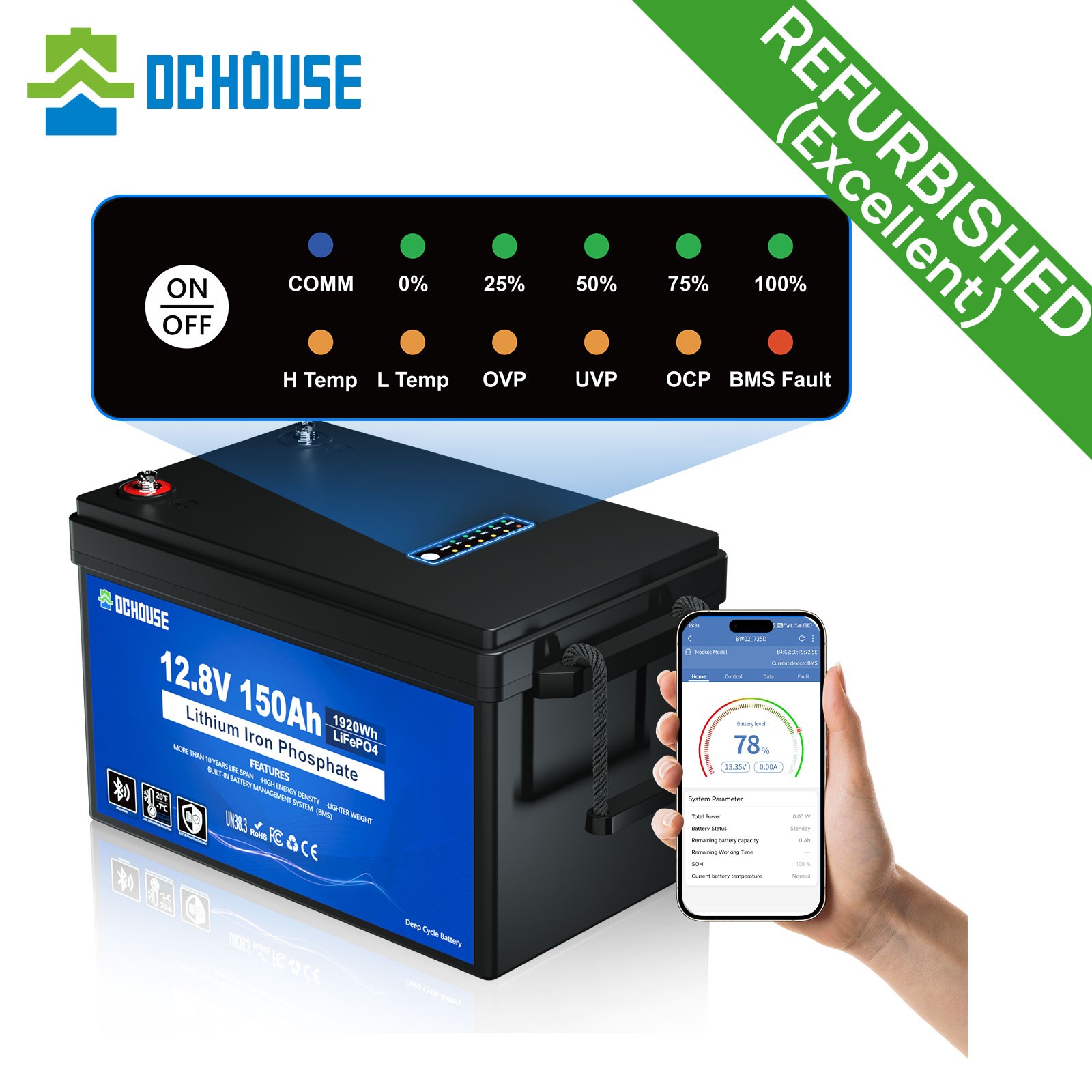 12V 150Ah LiFePO4 Battery Bluetooth SOC Status Indicators Trolling Motors RV