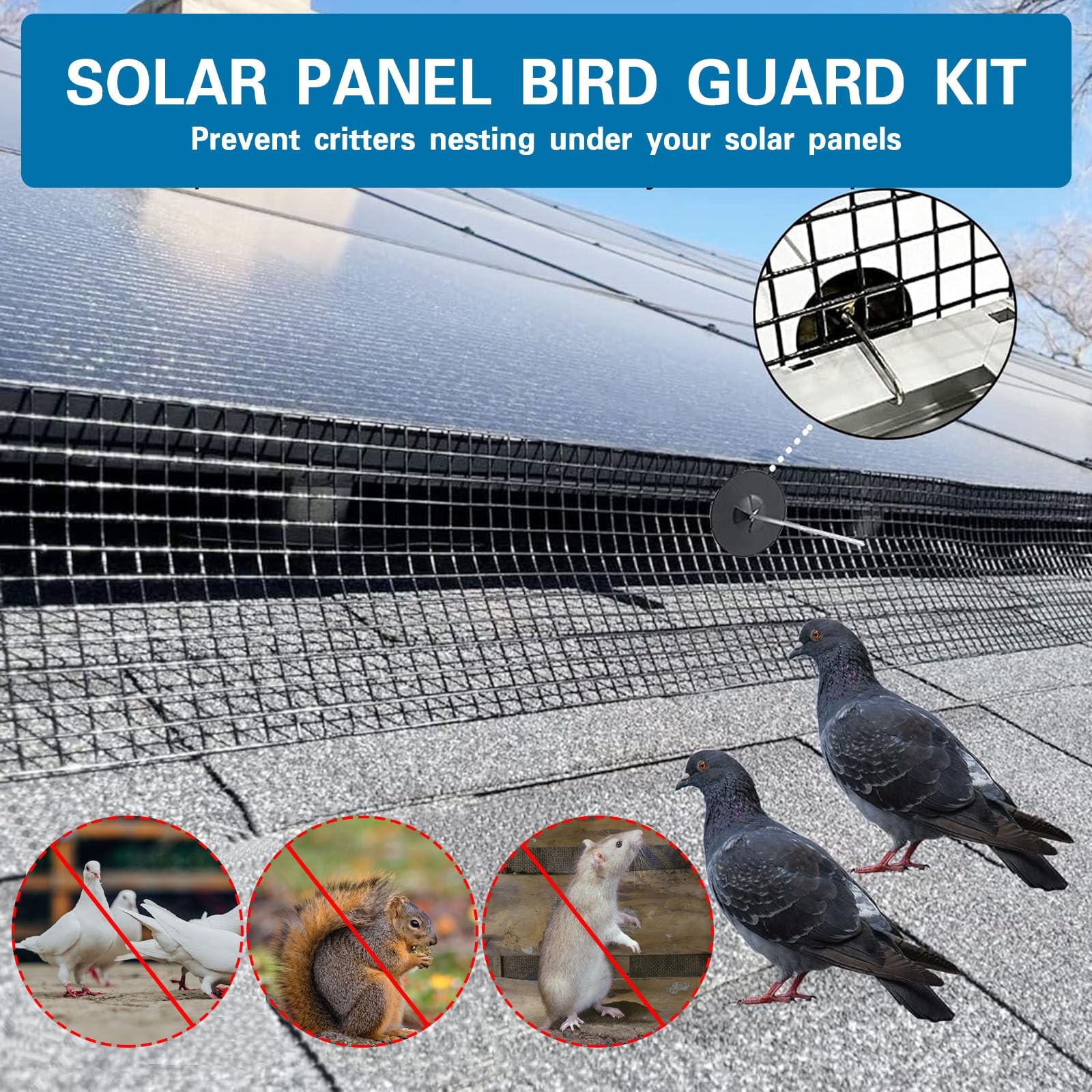 Solar Panel Critter Guard, 6in x 100ft PVC Coated Mesh, 60 Clips