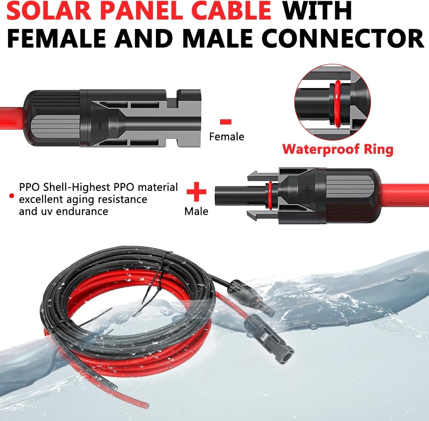 2×30 Feet Solar Panel Extension Cable- 10AWG Solar Cable Solar Panel Cable wi…