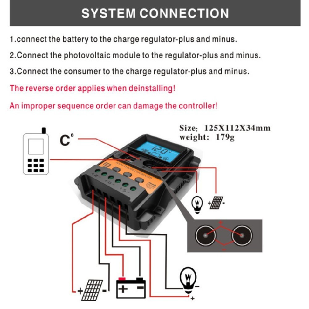 Solar Panel Charge Controller with Dual USB Output for 12V 24V Systems