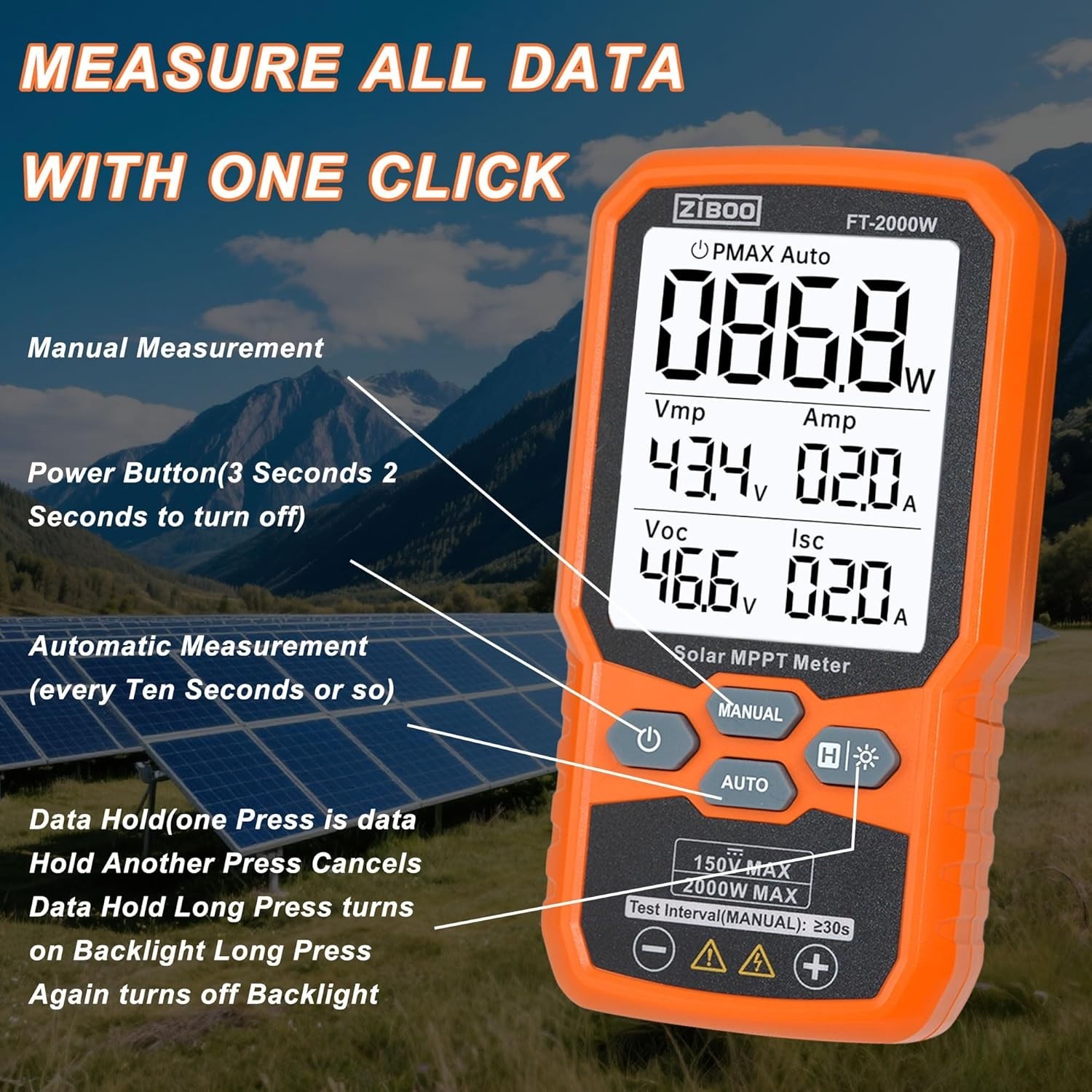 Durable FT-2000W Solar Tester: 150V/35A, Waterproof, CAT III/CAT IV Rated