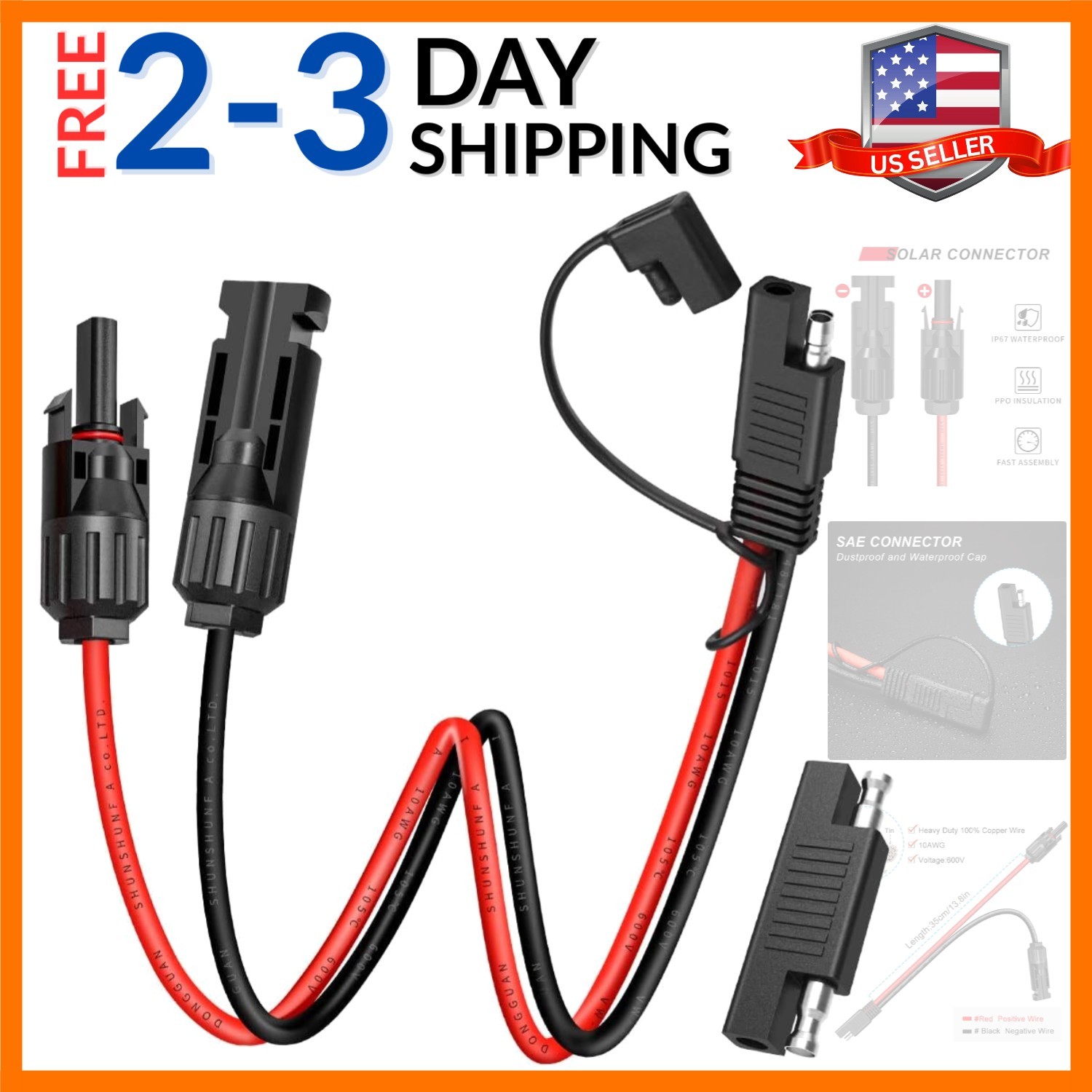 Solar Panel Connector Cable, 10AWG SAE Connector to Male & Female Solar Conne…