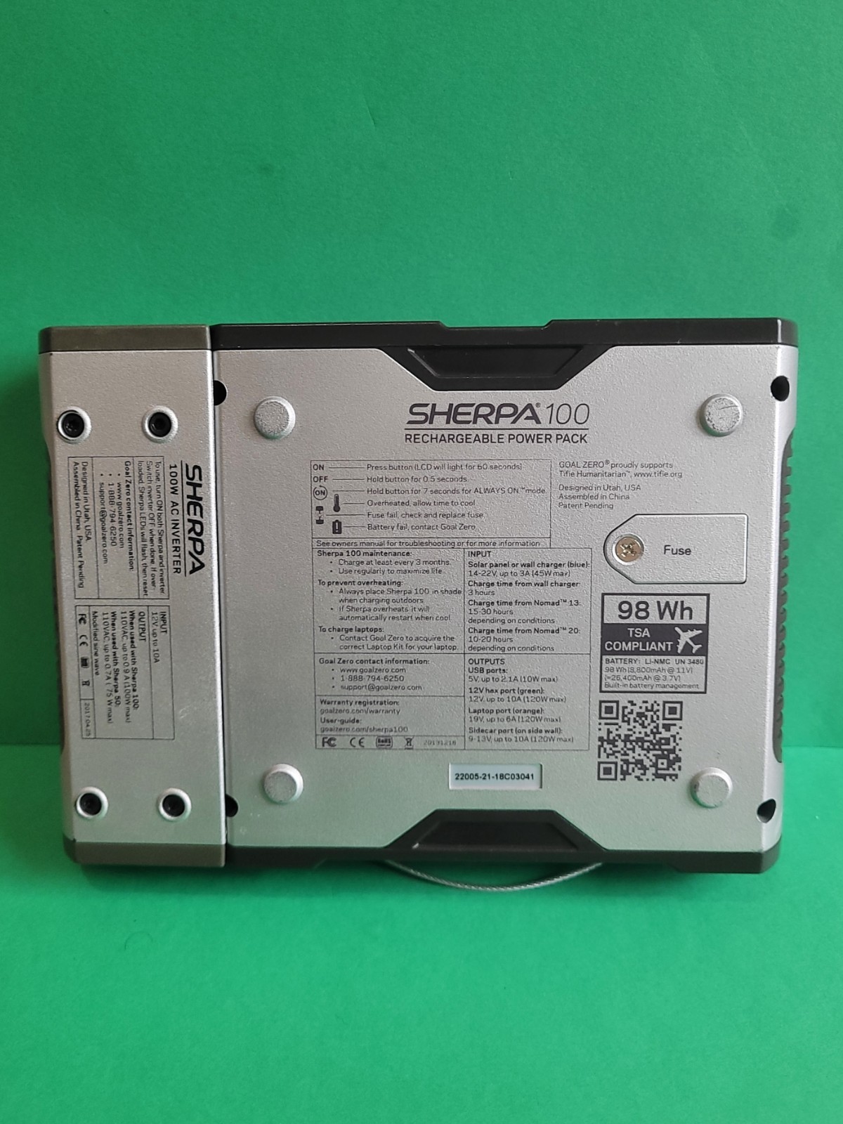 GOAL ZERO SHERPA 100 120V UP TO 26.400mAh Battery Power Bank – No power Cable.