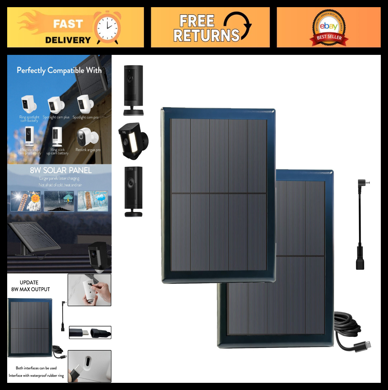 2 Pack 8W Solar Panels for Ring Cameras & Doorbells, 10ft USB-C Charger Cable