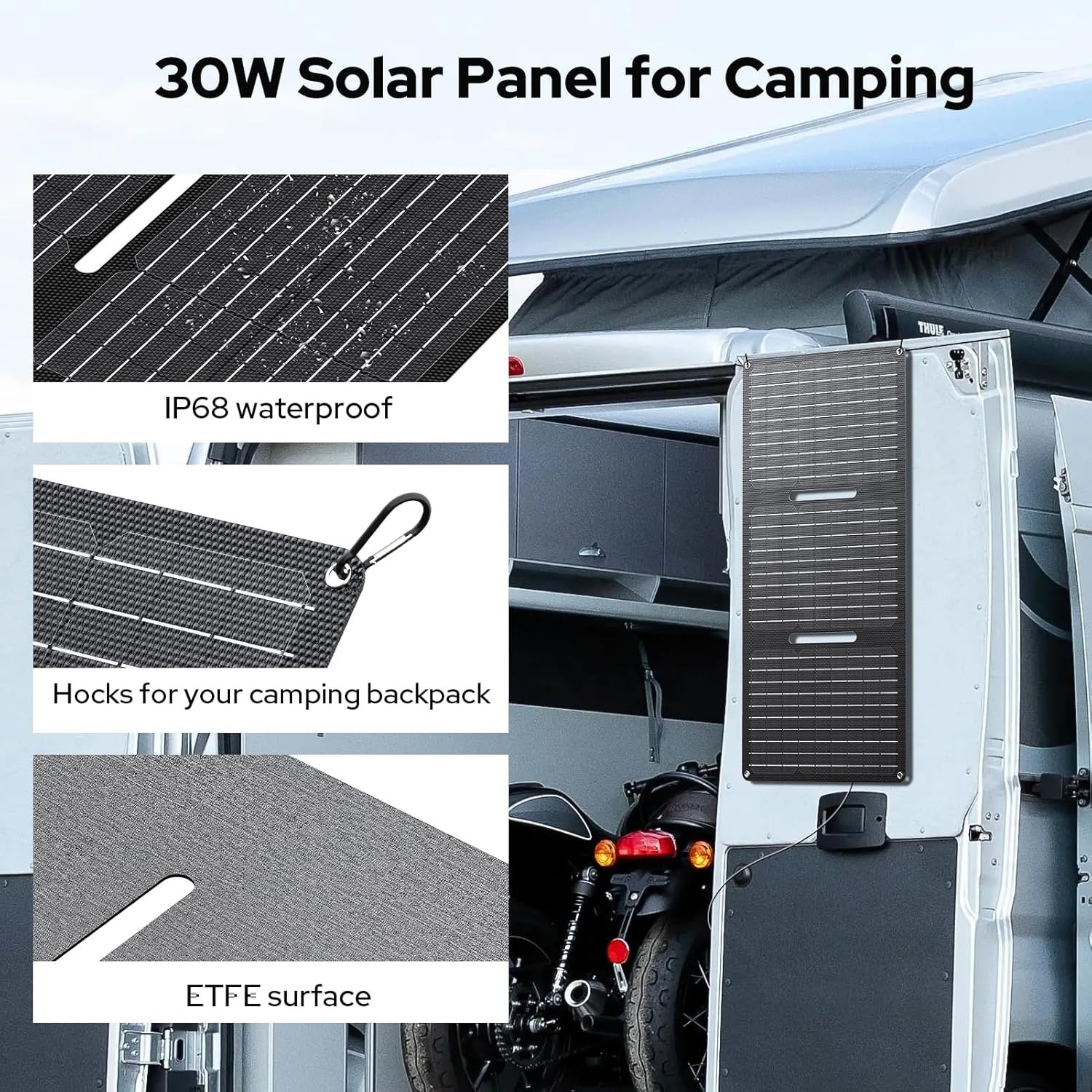 30W Foldable Solar Panel-Charger Waterproof Monocrystalline USB DC Output Cam…