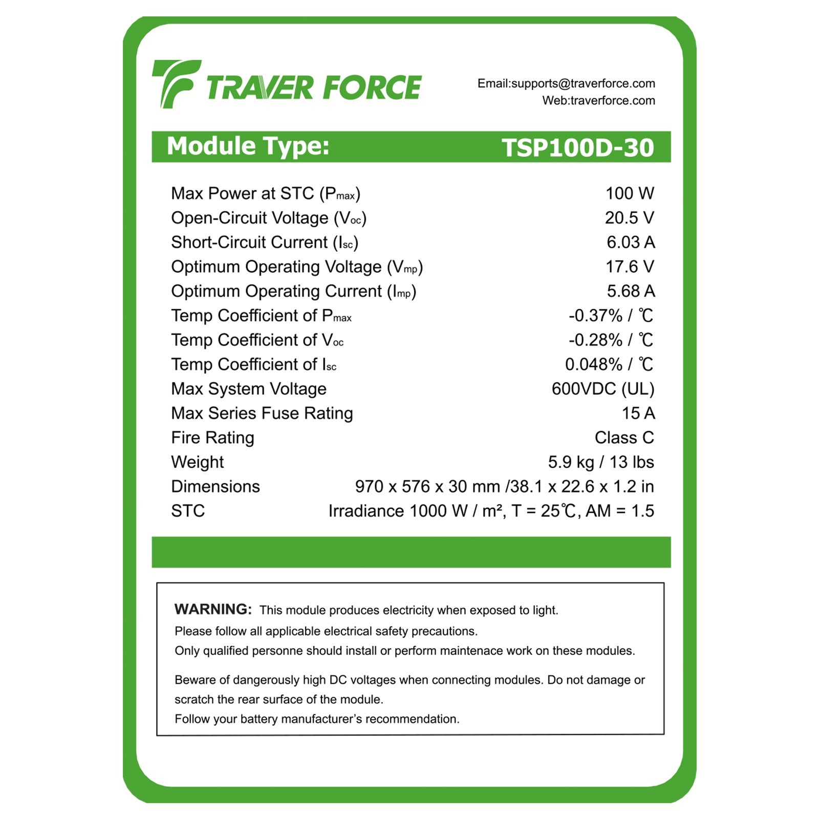Traver Force 100W 12V 10BB Monocrystalline Solar Panel