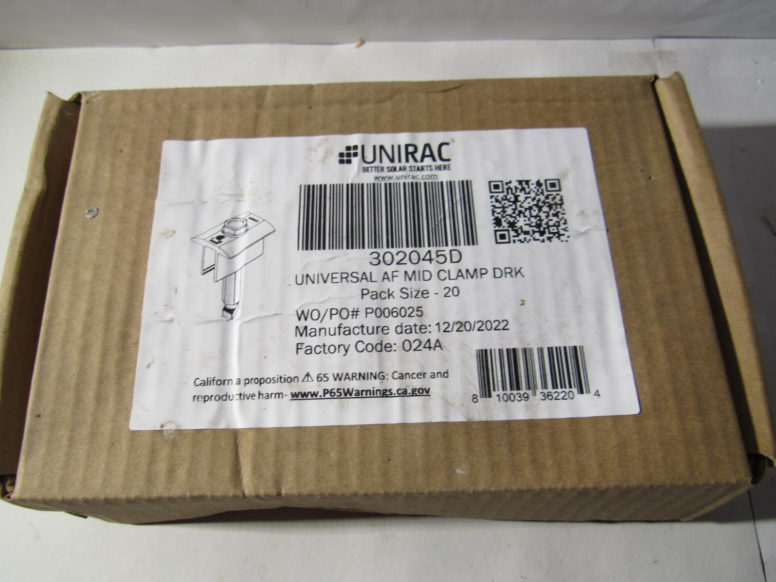 20 pack UniRac Solar Mid Clamps Universal 24-47mm .94″-1.85″ Dark 302045D
