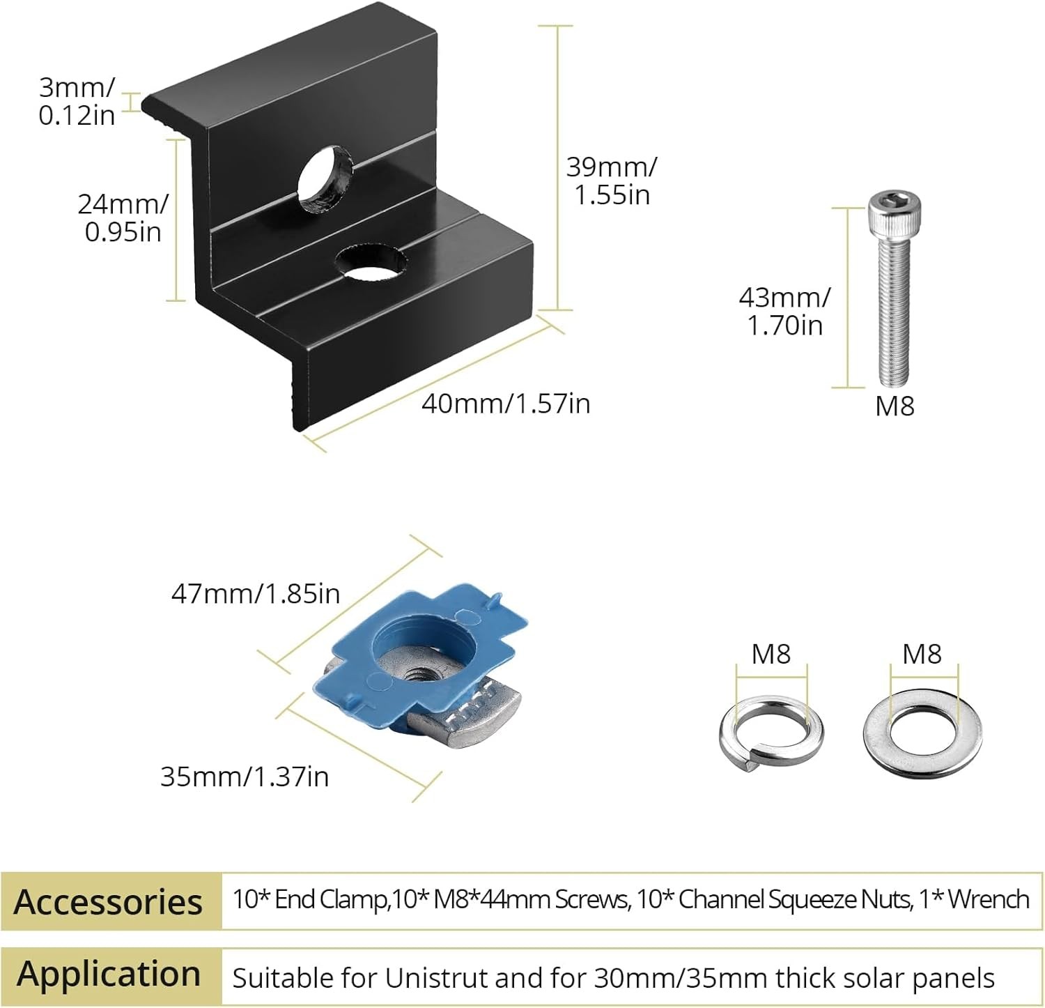10pcs Solar Panel End Clamp for Standard Unistrut, Aluminum 30mm/35mm Solar P…