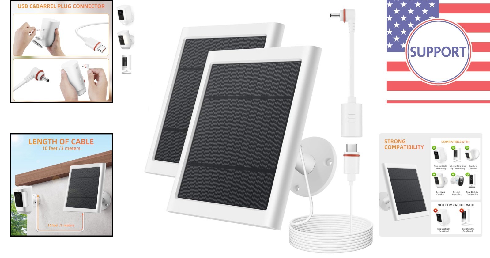 2 Pack 4W Solar Charger for Ring Cameras with 360° Rotatable Mount, Waterproof