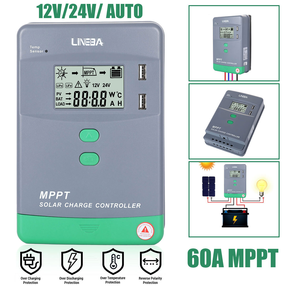 30 60 100Amp MPPT Solar Charge Controller 12V/24V/36V/48V DC Input LCD Regulator