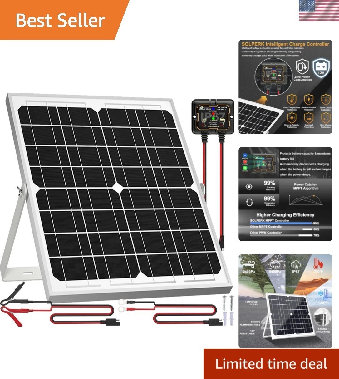 Complete 20W Waterproof Solar Panel Kit with Easy Install Adjustable Bracket