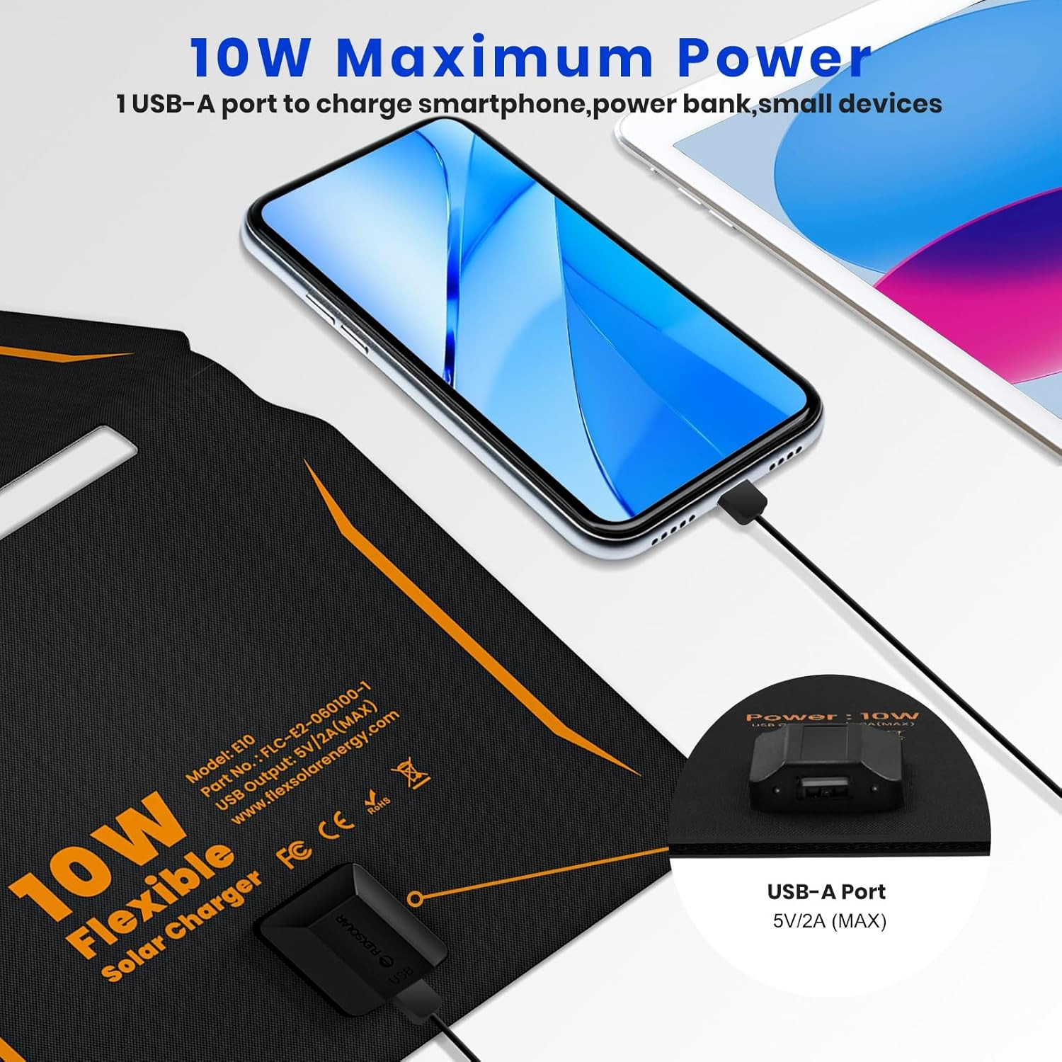 10W Solar Panels Portable (5V 2A Max),Foldable Solar Charger with USB-A Port for