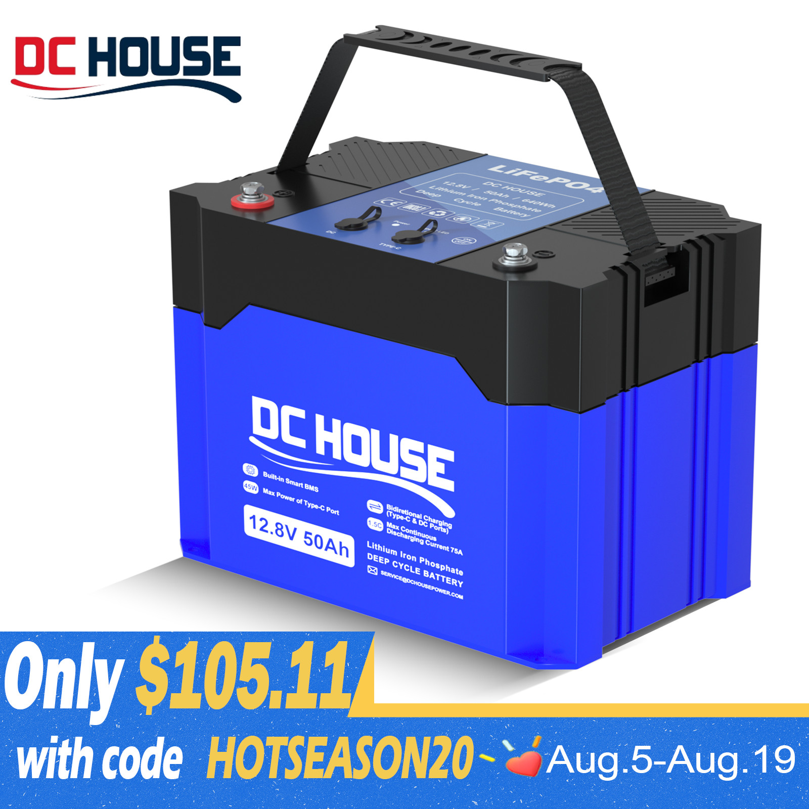 12V 50Ah Portable LiFePO4 Lithium Battery Deep Cycle RV Solar Camping Off-grid