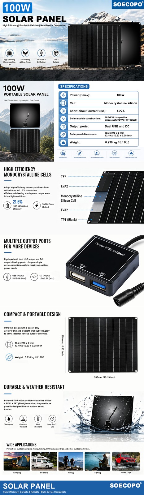 100W Portable Flexible Monocrystalline Solar Panel USB DC Outdoor RV Camping Use