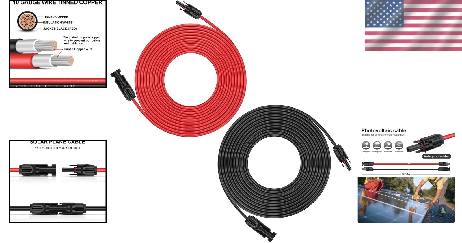 Waterproof Solar Panel Cable 30ft Red Black