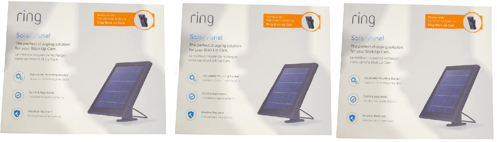 LOT OF 3 Ring Solar Panel for Stick Up Cam Unused, New Open Box Micro USB Black